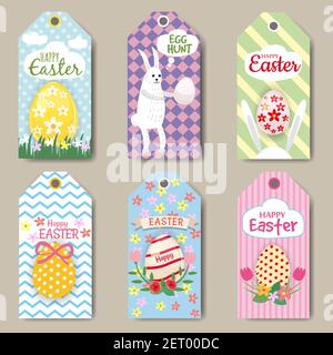 Happy Easter Cards Set with Rabbit, egg. Mini Posters Collection. Vector Illustration, isolated Stock Vector