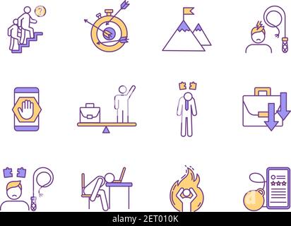 Mental exhaustion RGB color icons set Stock Vector