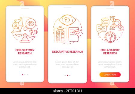 Types of scientific research onboarding mobile app page screen with concepts Stock Vector