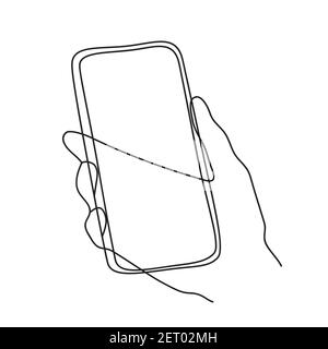 Minimalism hand drawn vector hand holding phone in modern abstract one line drawing graphic style. Decor print, wall art, creative design social media Stock Vector