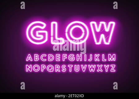 Purple neon capital alphabet letters, glow ultraviolet font, 3d rendering. Illuminated led character for creative text. Diode lighting typeset for dec Stock Photo
