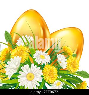 Easter Gold Eggs banner template. Golden shine realistic eggs colorful spring flowers chamomile, dandelions. Spring holiday poster Stock Vector