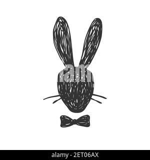 Hand drawn silhouette portrait of gentleman Rabbit head with a bow tie. Easter concept, vector illustration isolated on white Stock Vector