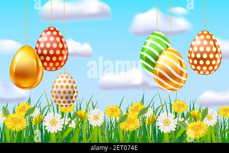 Easter Colored Eggs banner template. Realistic shine decorated, painted eggs, colorful spring flowers chamomile, dandelions, blue sky. Spring holiday Stock Vector