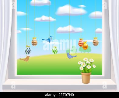 Easter window inerior with colored Easter eggs and birds. Colorful spring flowers chamomile, dandelions in pot. Vew on country rural landscape. Spring Stock Vector