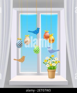 Easter window with colored Easter eggs and birds. Colorful spring flowers chamomile, dandelions in pot. Spring holiday poster Stock Vector