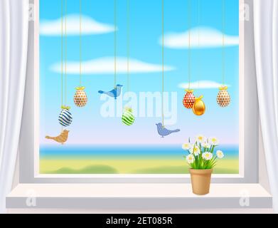Easter window with colored Easter eggs and birds. Colorful spring flowers chamomile, dandelions in pot. Spring holiday poster Stock Vector