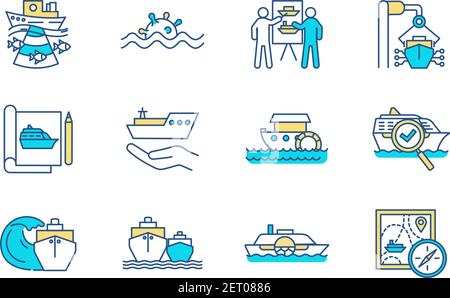 Marine engineering RGB color icons set Stock Vector