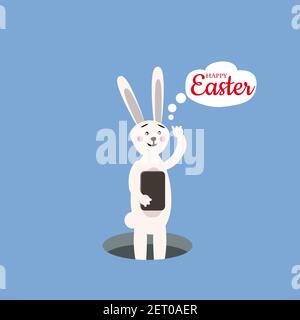 Cute Easter rabbit with tablet, vector illustration, isolated, cartoon style Stock Vector