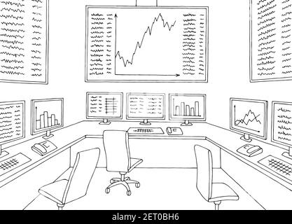 Stock exchange interior office graphic black white interior sketch illustration vector Stock Vector