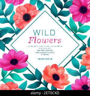 Floral frame. Tropical flowers trendy template. Design with beautiful flowers and palm leaves with copy space on white background. Vector Stock Vector
