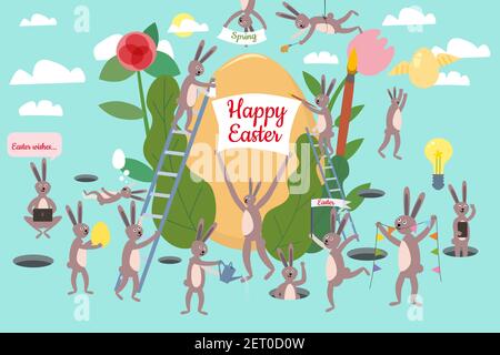 Set of cute Easter cartoon characters and design elements. Easter bunny, eggs and flowers. Vector illustration. Stock Vector
