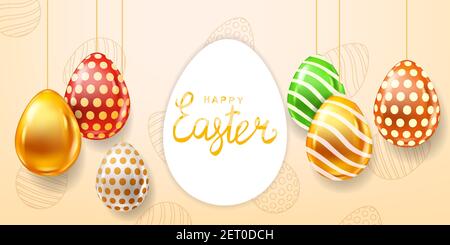 Happy Easter Colored Eggs banner template, lettering. Realistic shine decorated, painted eggs. Spring holiday poster Stock Vector