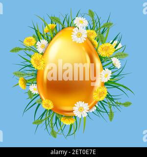 Happy Easter banner template. Golden shine realistic egg colorful spring flowers chamomile, dandelions. Spring holiday poster Stock Vector