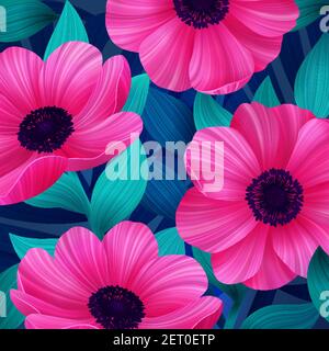 Luminous tropical background with pink and coral flowers. Beautiful anemones and leaves on blue background. Stock Vector