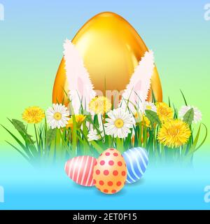 Easter Gold Egg banner template. Golden shine decorated, painted eggs, rabbit ears, colorful spring flowers chamomile, dandelions. Spring holiday Stock Vector
