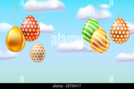 Happy Easter Colored Eggs banner template. Realistic shine decorated, painted eggs, blue sky. Spring holiday poster Stock Vector