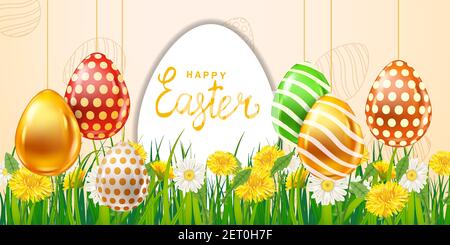 Happy Easter Colored Eggs banner template, lettering. Realistic shine decorated, painted eggs, colorful spring flowers chamomile, dandelions. Spring Stock Vector