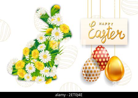 Happy Easter Rabbit from colorful spring flowers chamomile, dandelions, Colored Eggs banner template, lettering. Realistic shine decorated, painted Stock Vector