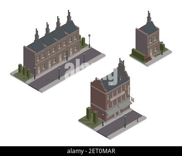 Set of vector isometric gothic houses. Vector illustration of vintage living block. London fairy buildings. Victorian, gloomy, dark and old style. Cit Stock Vector