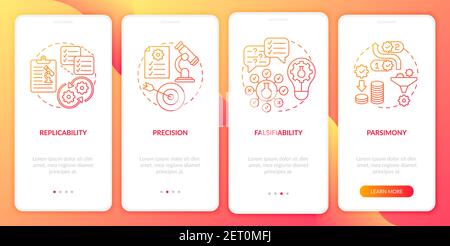 Scientific method requirements onboarding mobile app page screen with concepts Stock Vector
