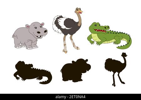 Find the correct shadow. Educational game for toddlers, cartoon crocodile, ostrich and behemoth (hypopotamus) on a white background, vector illustrati Stock Vector