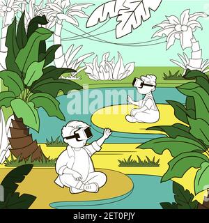 children-boy and girl in virtual reality glasses, play in an imaginary jungle, among the palm trees. Coloring book for children,black and white sketch Stock Vector