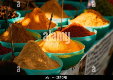 Close View Of Masala Curry, Bright Colors Fragrant Seasoning, Condiment In Tray On Local Food Market, Bazaar