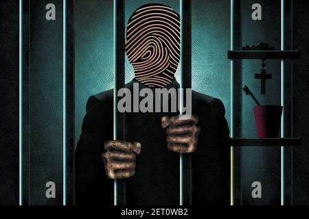 A criminal with a fingerprint for a face,  is seen in silhouette behind bars with his filthy hands gripping the bars. 3-D illustration Stock Photo