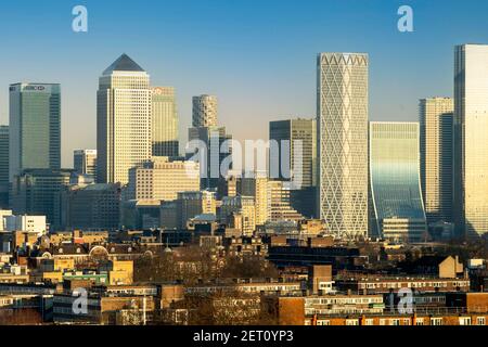 London UK Canary Wharf office buildings and urban streets Stock Photo
