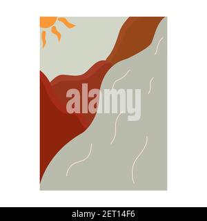 Beautiful minimalist mountain landscape with river and sun. Painting trendy for an interior with nature. Colorful vector illustration hand drawn boho Stock Vector