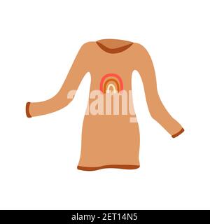 Beige dress with print in the form of a rainbow. Piece of clothing, cozy womans dress, tunic. Colorful vector isolated hand drawn illustration, boho c Stock Vector