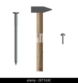Hammer and nails isolated on white background. Elements design of the working tool and fasteners. Front view, vector illustration. Stock Vector