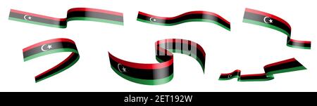 Set of holiday ribbons. Libya flag waving in wind. Separation into lower and upper layers. Design element. Vector on white background Stock Vector