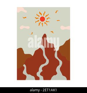 Beautiful minimalist mountain landscape with river and sun. Streams flow down the mountains. Sun rays shine brightly. Painting trendy for an interior Stock Vector