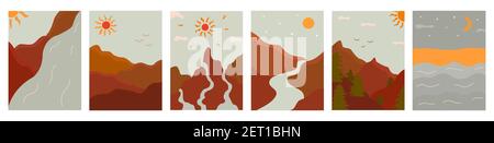 Set of vertical cards with mountain landscapes. Sea, sun and birds. Minimalist painting trendy for interior. Colorful vector illustration hand drawn b Stock Vector