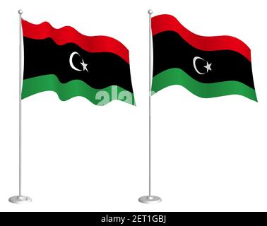 Libya flag in static position and in motion, fluttering in wind in exact colors and sizes, on white background Stock Vector