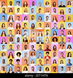 Mosaic Of Many Cheerful People Faces In Square Collage Stock Photo