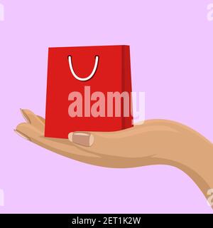 Empty whopping bag in female hand. Shopping concept for your design. Stock Vector