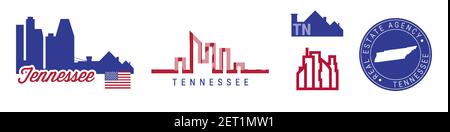 Tennessee real estate agency. US realty emblem icon set. Flat vector illustration. American flag colors. Big city and suburbs. Simple silhouette map i Stock Vector