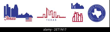 Texas real estate agency. US realty emblem icon set. Flat vector illustration. American flag colors. Big city and suburbs. Simple silhouette map in th Stock Vector