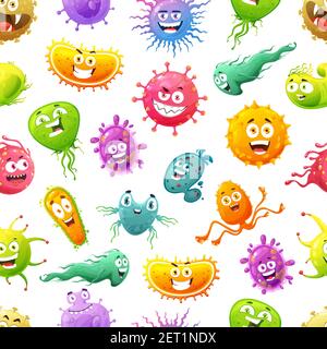 Virus, bacteria and germ cartoon characters seamless pattern. Vector background with funny monsters of coronavirus, flu and influenza, adenovirus, rot Stock Vector