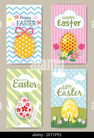 Happy Easter Cards Set with Rabbit. Mini Posters Collection. Vector Illustration Stock Vector