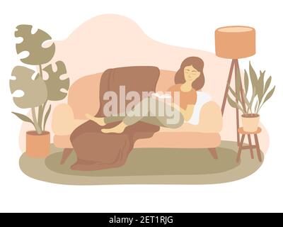 The girl laying on the sofa and reading some book in her apartment with houseplants.Cute lady relaxing at home. Book lovers, readers, literature fans. Stock Vector