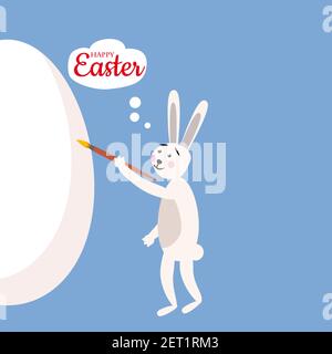 Cute easter bunny painting an egg, vector cartoon style, illustration, isolated Stock Vector
