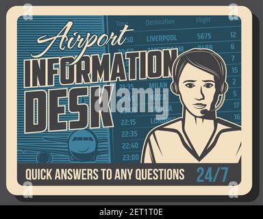 Airport flights information service retro banner. Airport information desk or call center operator, woman in headset and passenger airliner, departure Stock Vector