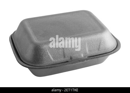 Black closed styrofoam box on white background. Food box for food to go, delivery Stock Photo