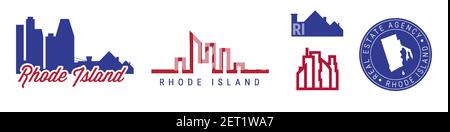 Rhode Island real estate agency. US realty emblem icon set. Flat vector illustration. American flag colors. Big city and suburbs. Simple silhouette ma Stock Vector