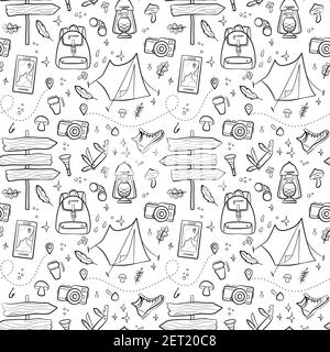 Hiking and camping seamless pattern with travel elements. Seamless pattern for design, posters, backgrounds Hiking, travel and camping theme. Tent, si Stock Vector
