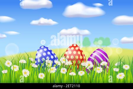 Easter Colored Eggs banner template. Realistic shine decorated, painted eggs, colorful spring flowers chamomile, dandelions, blue sky, landscape Stock Vector